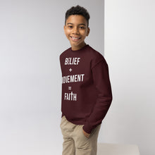 Load image into Gallery viewer, Belief + Movement = Faith Youth crewneck sweatshirt